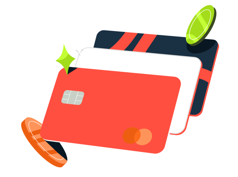 Animated image of the hot coral card, white joint account card and the navy flex credit card