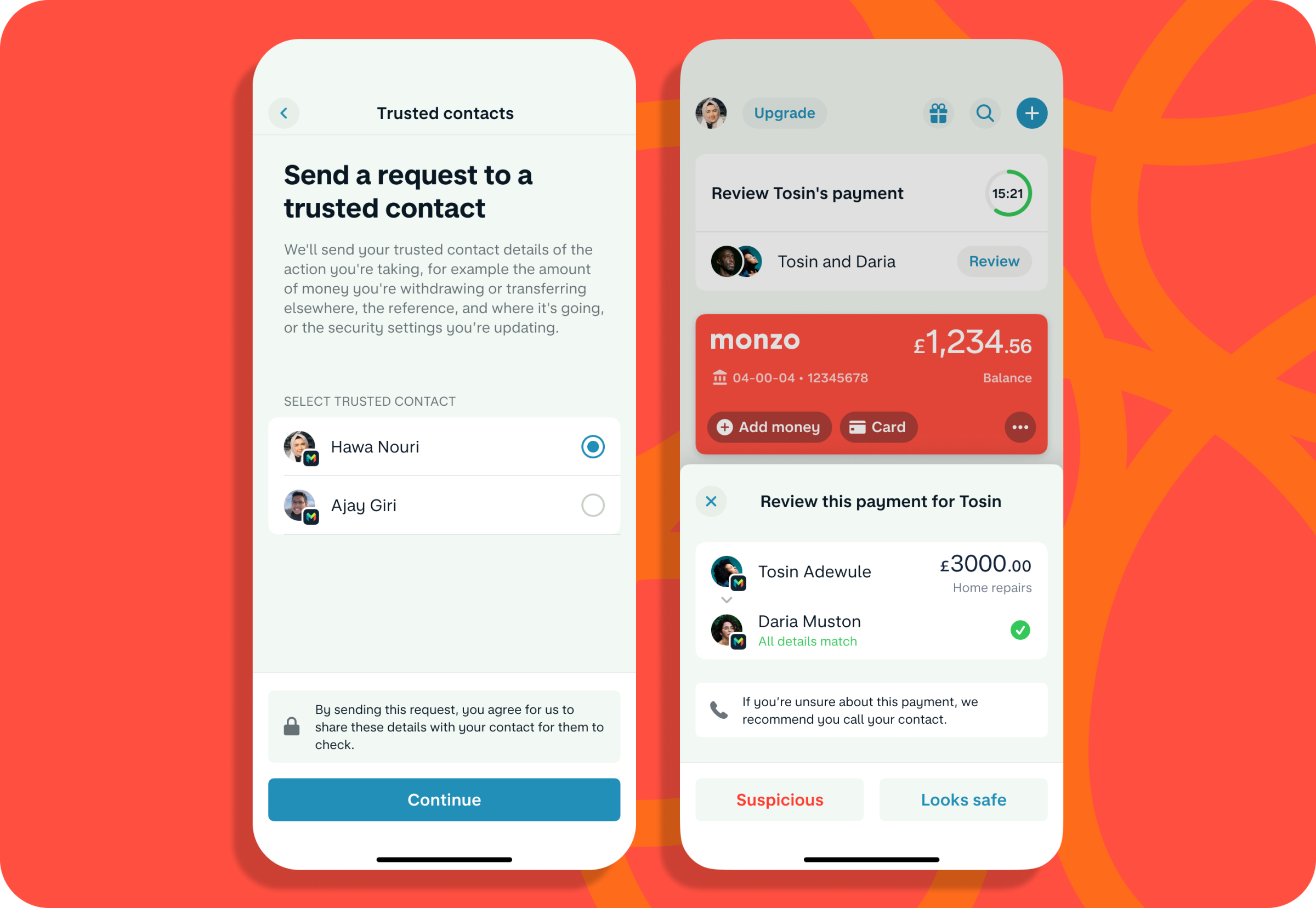 Two app screens showing how customers can set up a trusted contact to double check large payments, for that extra peace of mind. 