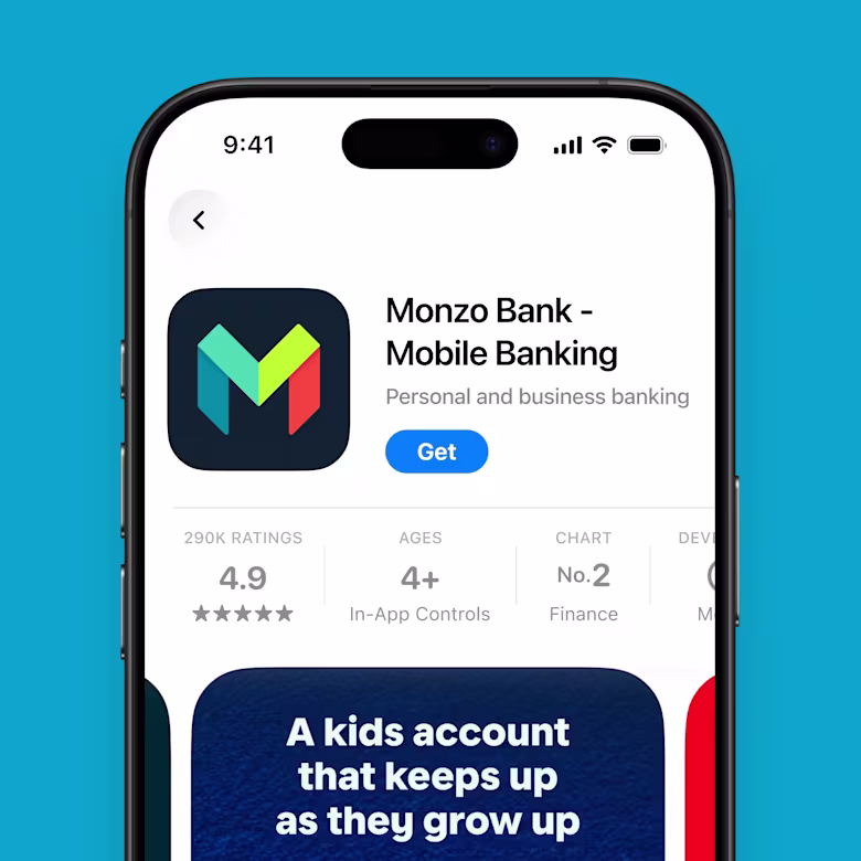 A smartphone showing the Monzo app page in the App Store.
