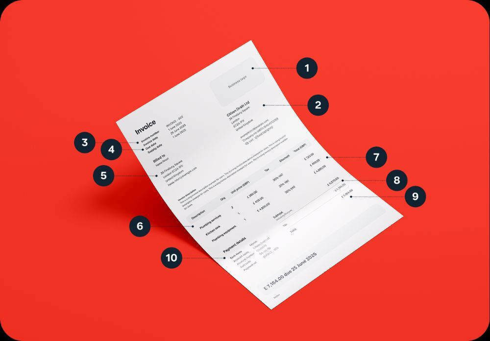 Sample invoice with 10 numbered callouts highlighting key elements: business logo, contact details, invoice number, dates, customer information, itemized services, costs, VAT details, total amount, and payment terms