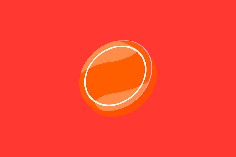 A shiny, tilted orange coin with a thin white outline.