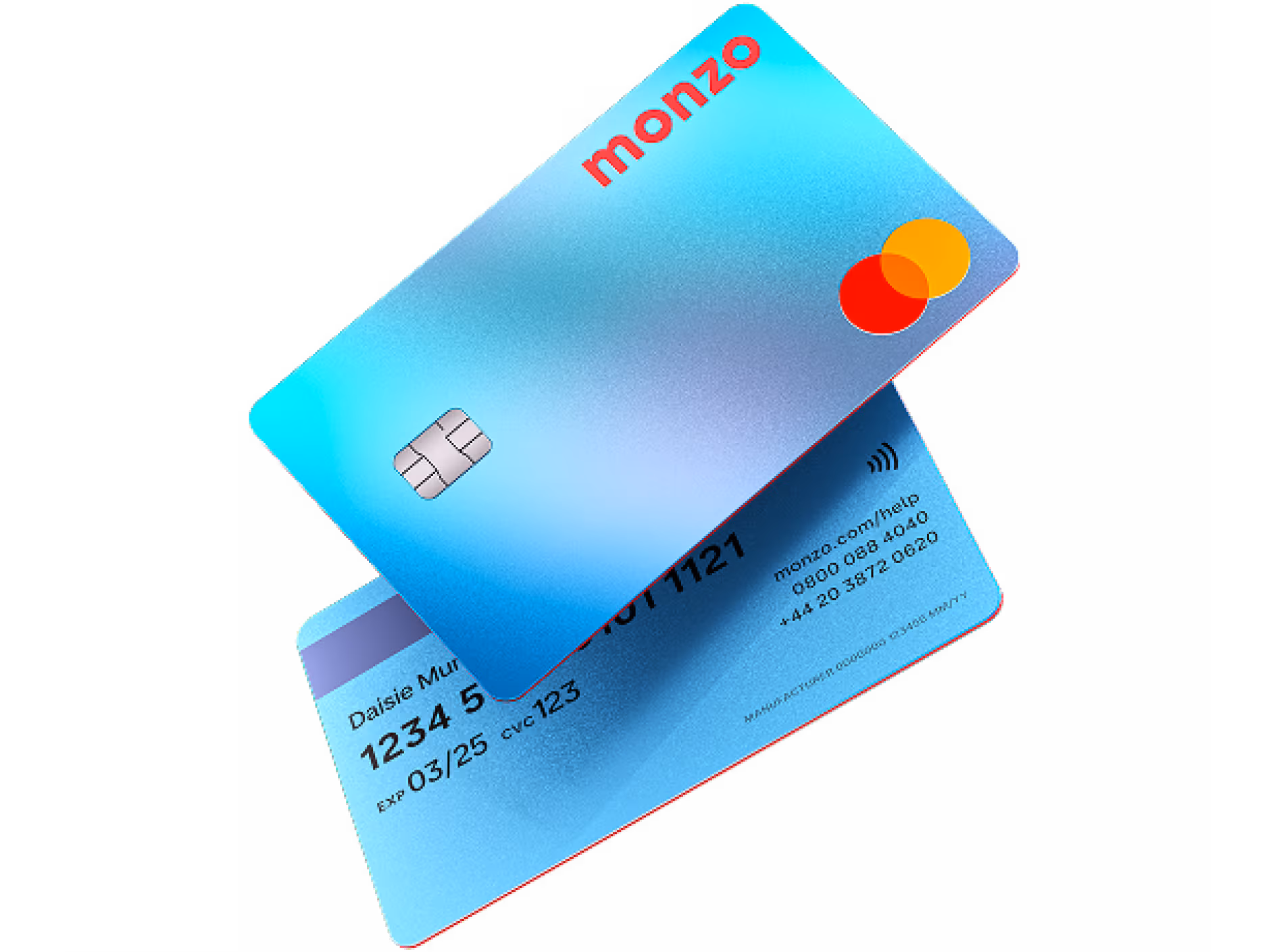 Two Monzo Perks and Monzo Max cards angled against a dark-navy background.