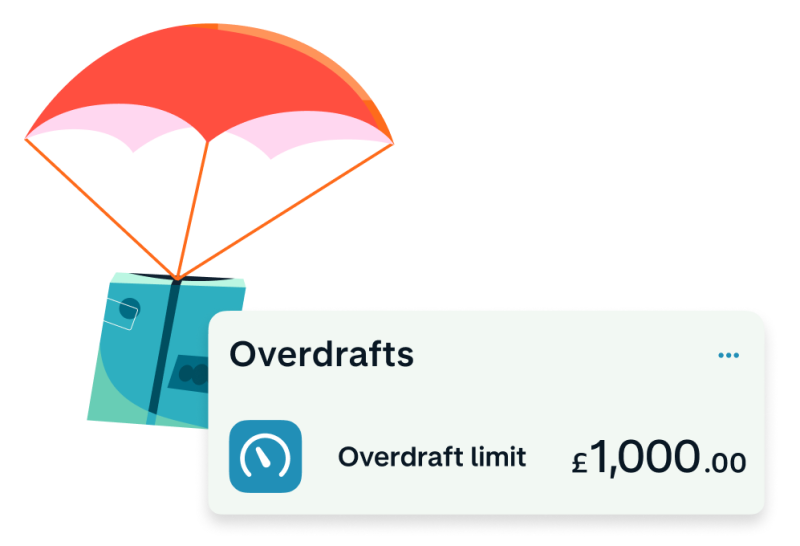 Overdrafts product interface with illustration of Hot Coral balloon
