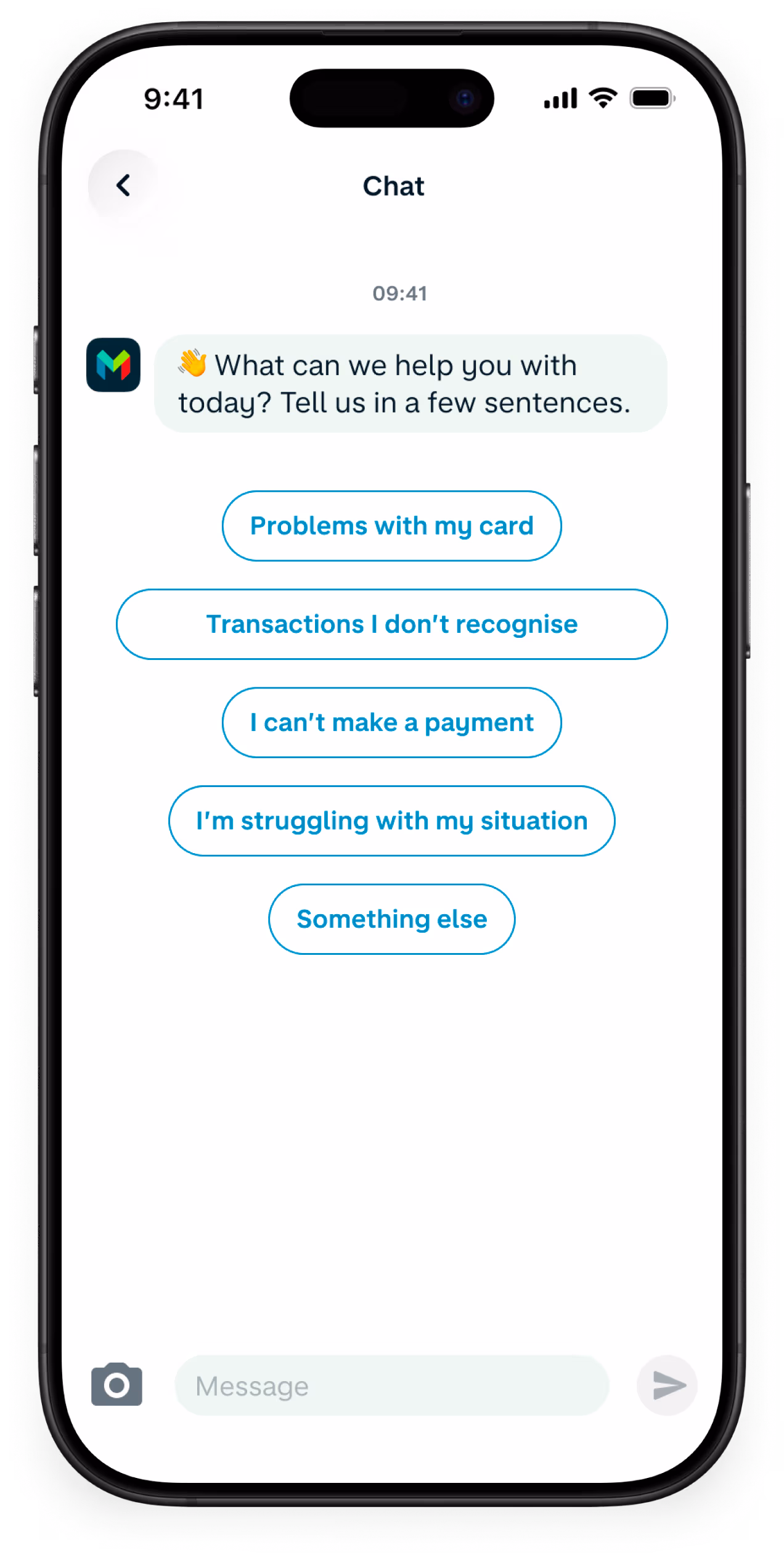 A phone screen showing how to start a live chat with Monzo customer service