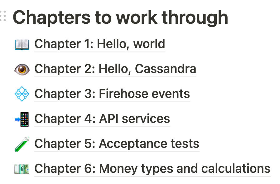 A screenshot of chapters from the Backend 101 onboarding documentation, including 'Hello Cassandra' and other topics.