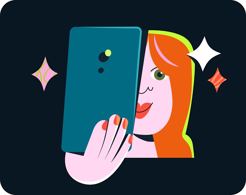 Illustration of a woman with red hair holding up her light navy phone, on a dark navy background.