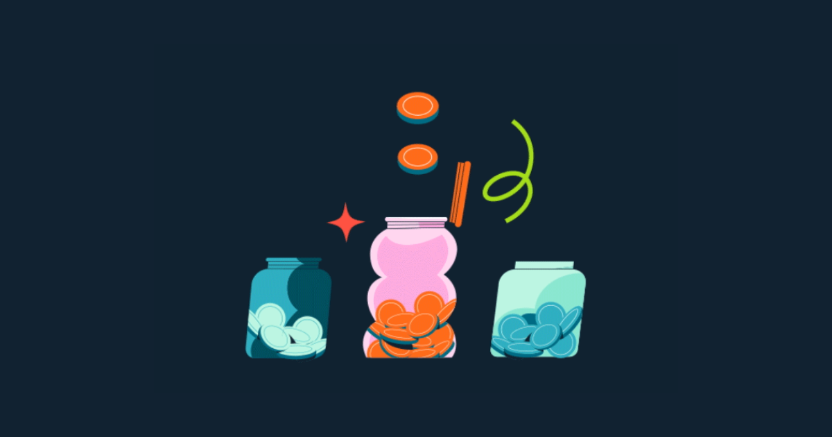 Three illustrated coin jars: the one on the left is turquoise with light blue coins inside, the middle one is pink with an open orange lid and orange coins inside, the one on the right is light blue with turquoise coins inside. Two orange coins are falling into the middle jar that's open.