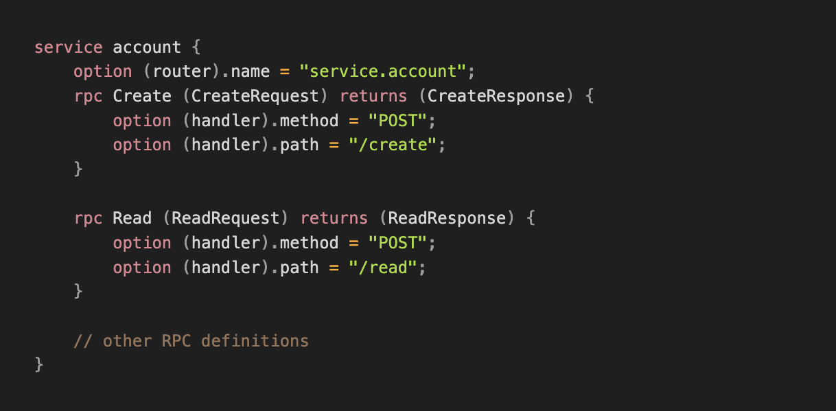 An extract from the protobuf definition for the account service showing a few RPCs and their definitions.