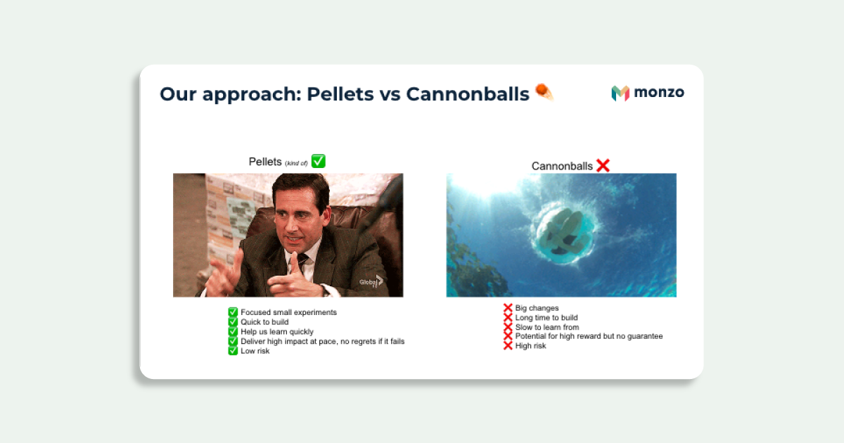Slide showing the pros and cons of pellets vs cannonballs
