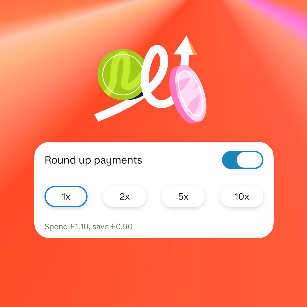 Above a white settings card, two coins are next to a white upward arrow indicating growth. The card shows a blue toggle switch turned on next to the text "Round up payments". Beneath, four round multiplier buttons labeled 1x, 2x, 5x, and 10x with 1x selected and outlined in blue, and text reading "Spend £1.10, save £0.90."