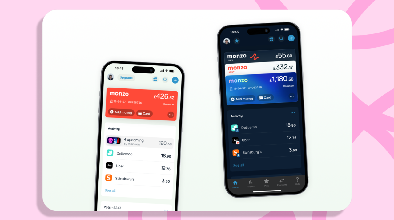Image of two phones showing the Monzo home screen
