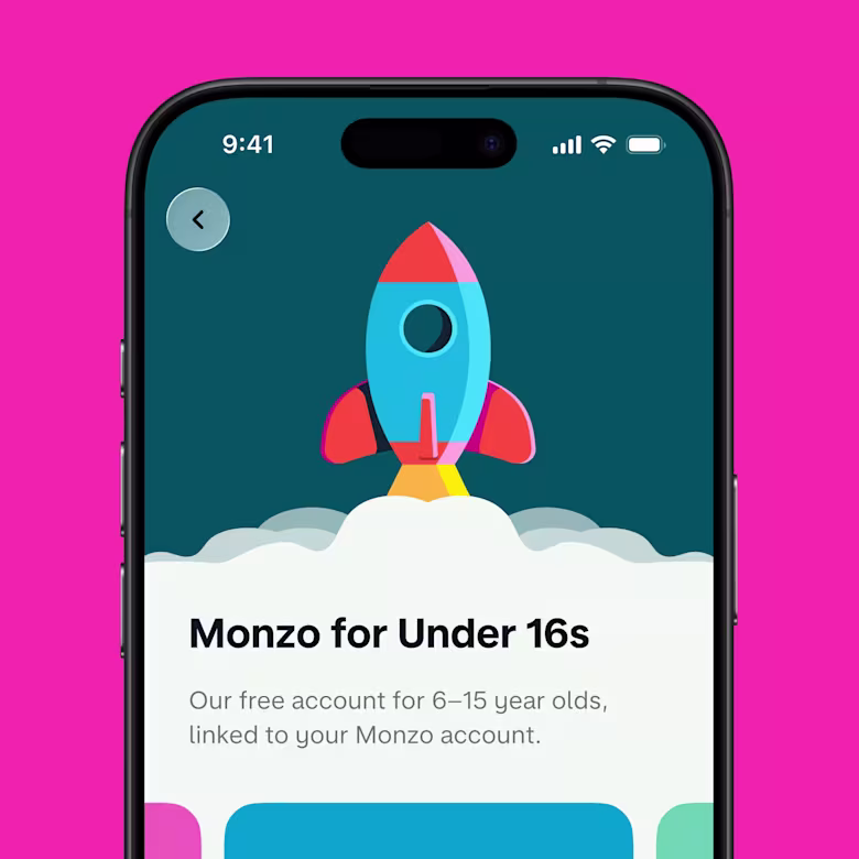 A smartphone showing the Monzo for Under 16s account sign-up screen with a rocket illustration.