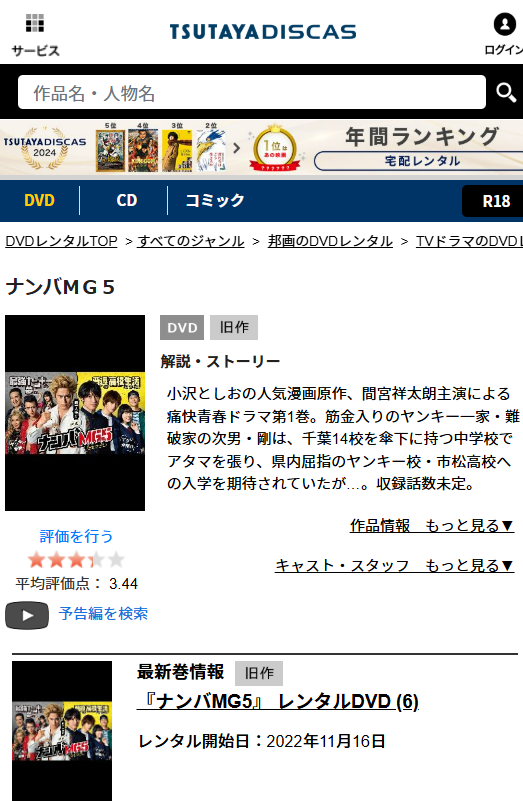 TSUTAYA DISCASのドラマ『ナンバMG5』作品詳細ページのキャプチャ