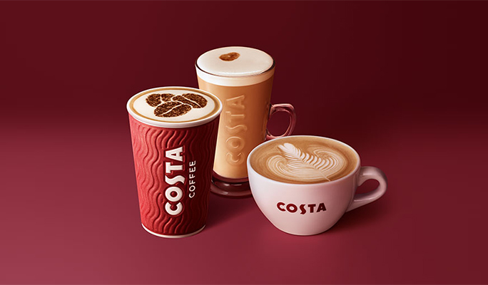 Costa Coffee Flat White, Latte and Cappuccino in a takeaway cup