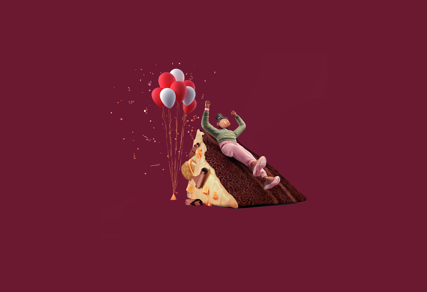 3D graphic of a young woman sliding down a piece of Costa Coffee chocolate cake