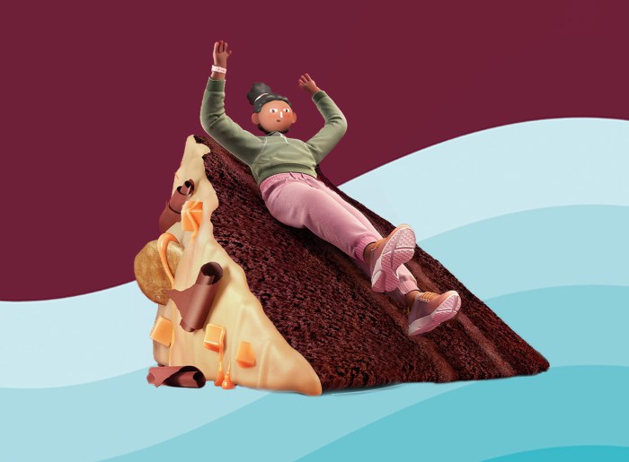 3D graphic of a young woman sliding down a piece of Costa Coffee chocolate cake