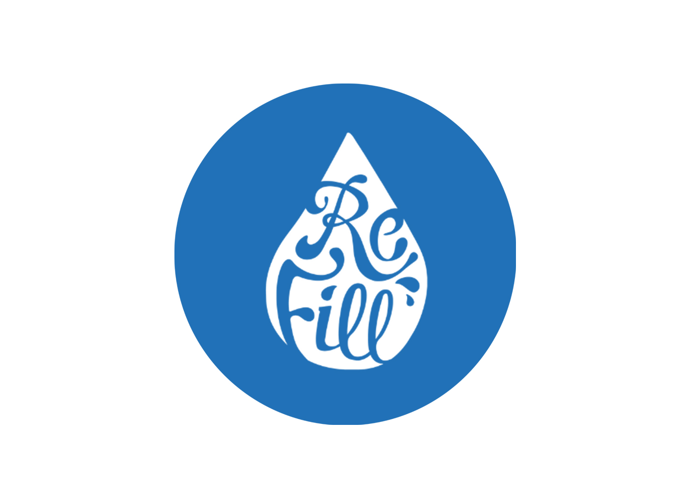 Blue circle badge with a white water-drop icon containing the word “Refill” in decorative script.
