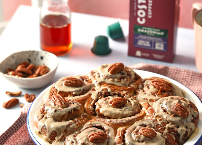 Costa Coffee Maple Syrup and Pecan Cinnamon Rolls made with Nespresso Amazonian blend