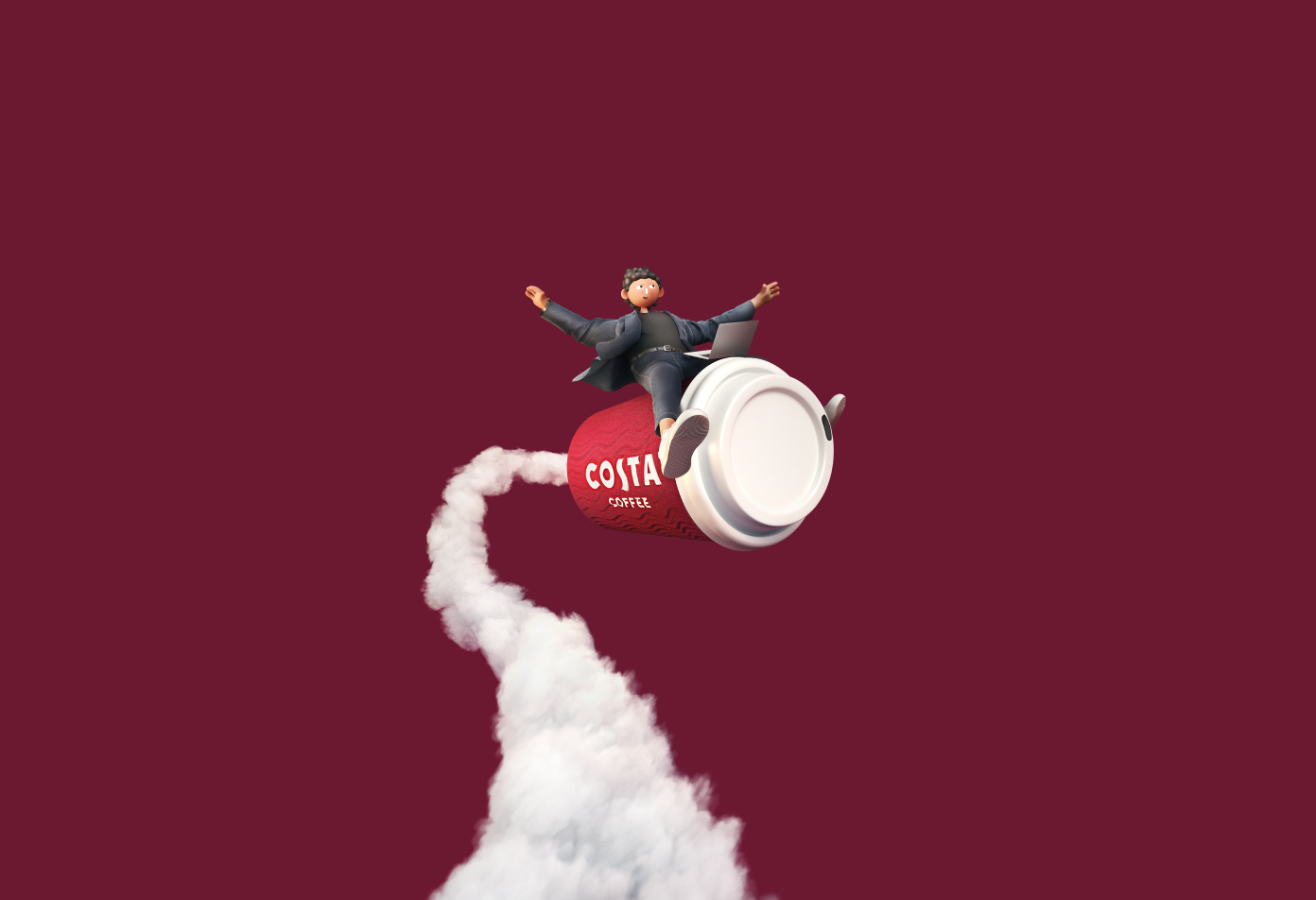 Costa Club man riding a Costa Coffee take away cup like a rocket