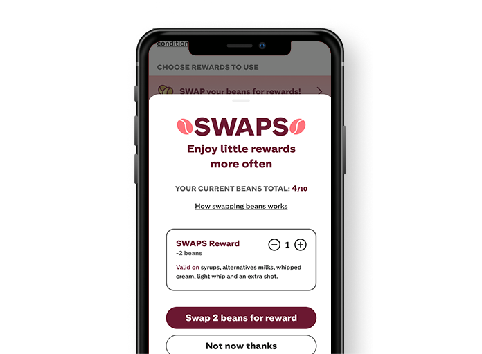 Phone displaying Costa Coffee “Swaps” screen: explains swapping beans for small rewards, example shows 4 of 10 beans and an option to trade 2 beans for a reward.
