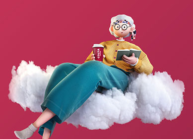 Costa Club woman reading a book with a take away Costa Coffee cup floating on a cloud