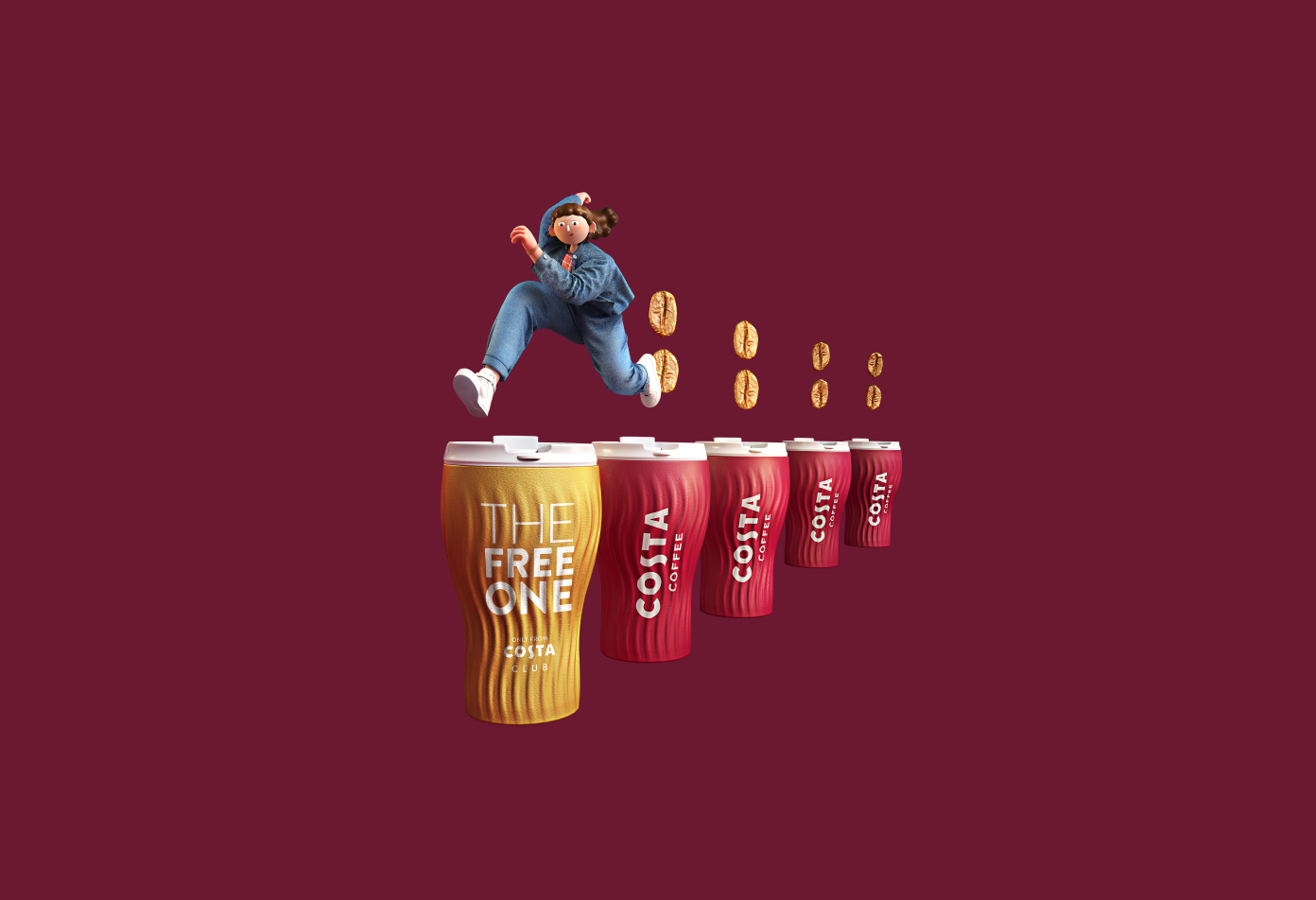 Illustration of a person leaping across a row of Costa cups toward a yellow cup labelled “The Free One,” coffee beans arcing overhead.