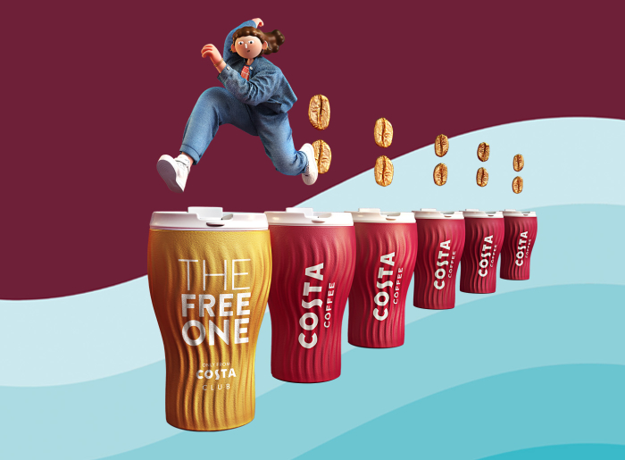 Costa Club graphic of a girl jumping over Costa Coffee reusable cups to her free drink