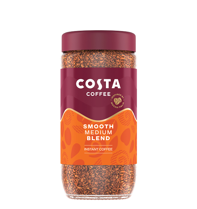 Costa Coffee Smooth Medium Blend instant coffee jar with burgundy lid and label, orange band on the front, and visible coffee granules inside a clear glass container.