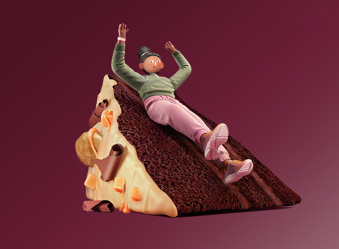 3D graphic of a young woman sliding down a piece of Costa Coffee chocolate cake