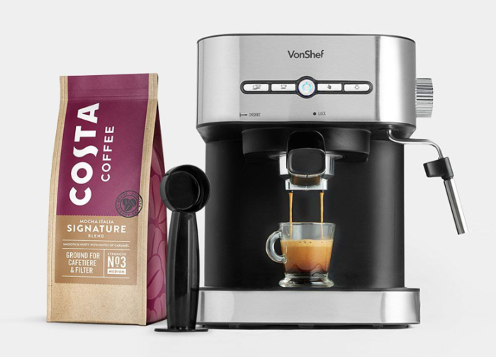 Costa Coffee Signature Blend Whole Beans next to a Von Haus coffee maker brewing perfect espresso coffee