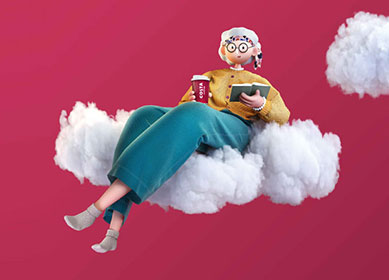 Costa Club lady sat on a cloud with a Costa Coffee take away cup reading a book