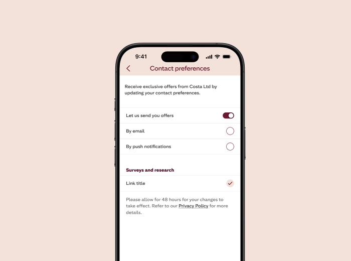 A smartphone screen displaying the "Contact preferences" section of a mobile app. The text invites users to receive exclusive offers by updating their contact preferences. Options include a toggle for "Let us send you offers" (switched on), and radio buttons for "By email" and "By push notifications" (both unselected). There is also a "Surveys and research" section with a link titled "Link title," which is selected. A note at the bottom advises that changes may take up to 48 hours to take effect and refers to the Privacy Policy for more details.