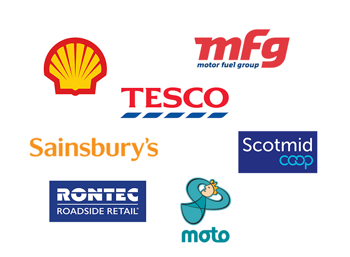 Costa Express Partners logos Shell, Motor Fuel Group, Tesco, Sainsbury's, Rontec Roadside Retail, Moto, Scotmid Coop