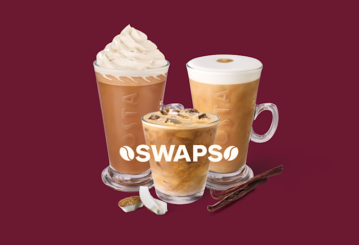 Three Costa coffee drinks with the word ‘SWAPS’ on a burgundy background.