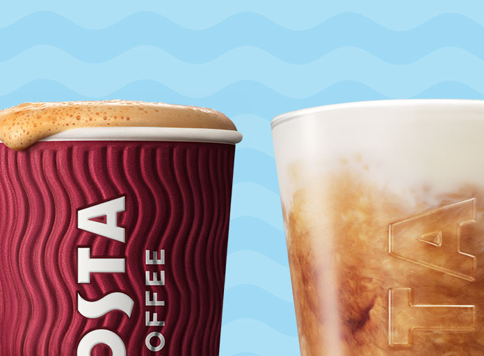 Costa Coffee Latte in a Costa Coffee take away cup and glass cup