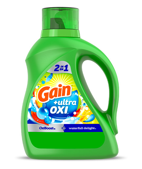 Bottle of Gain Ultra Oxi Waterfall Delight Liquid Laundry Detergent