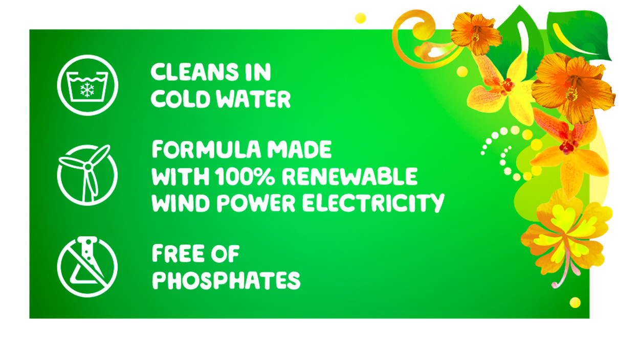 Cleans in cold water, formul made with 100% renewable wind power electricity, free of phosphates