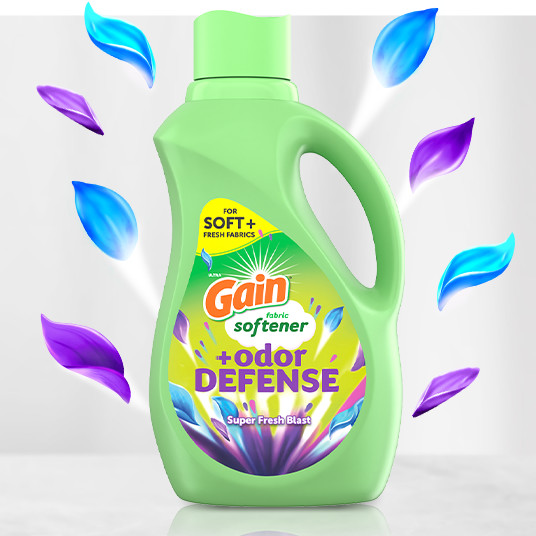 Bottle of Gain+Odor Defense Super Fresh Blast Fabric Softener Laundry Detergent