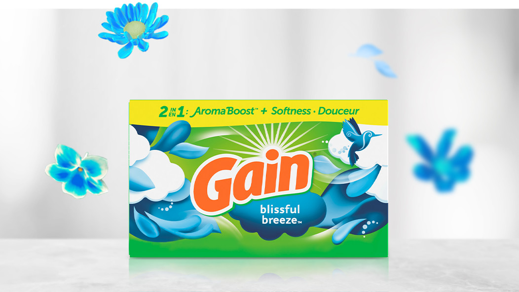 Packaging with Gain Blissful Breeze fabric softener sheets