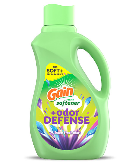Bottle of Gain+Odor Defense Super Fresh Blast Fabric Softener Laundry Detergent