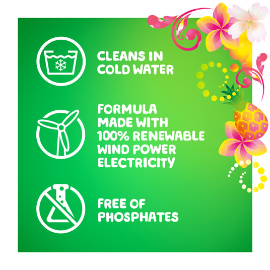 Gain Hawaiian Aloha Liquid Laundry Detergent cleans in cold water, the formula is made with 100% reneweable wind power electricity and it is free of phosphates