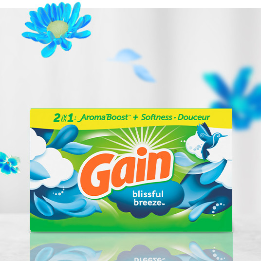 Packaging with Gain Blissful Breeze fabric softener sheets