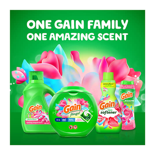 One Gain family one amazing scent: Gain liquid laundry detergent, Gain Flings, Gain Fabric Softner, Gain Scent Booster