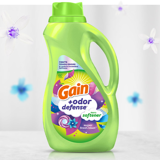 Bottle of Gain+Odor Defense Super Fresh Blast Fabric Softener Laundry Detergent