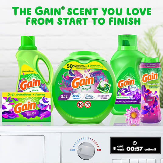 Gain Moonlight Breeze Flings Laundry Detergent the scent you love from start to finish
