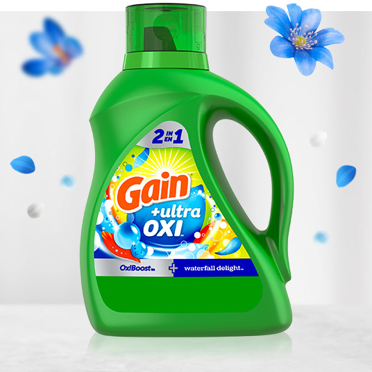 Bottle of Gain Ultra Oxi Waterfall Delight Liquid Laundry Detergent