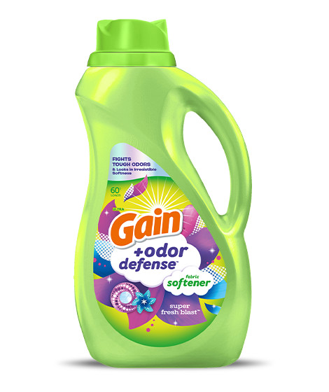 Bottle of Gain+Odor Defense Super Fresh Blast Fabric Softener Laundry Detergent
