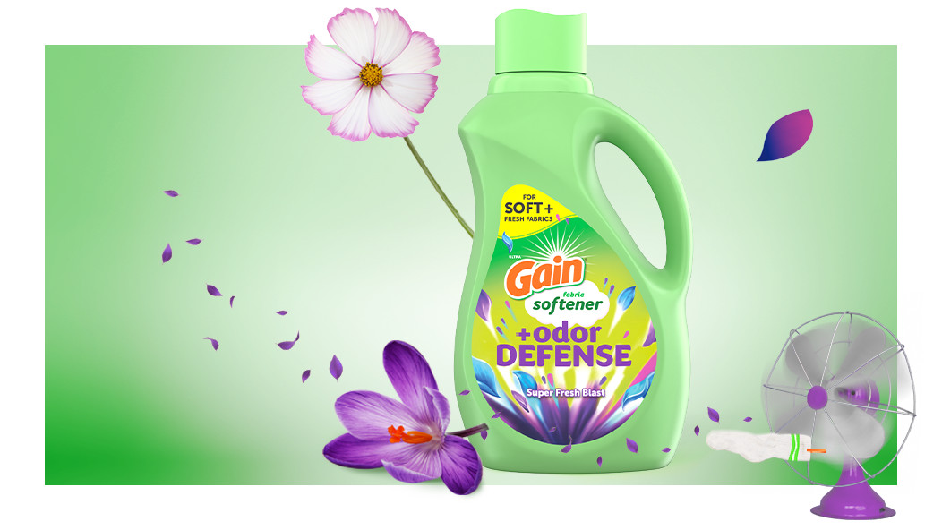 Bottle of Gain+Odor Defense Super Fresh Blast Fabric Softener Laundry Detergent