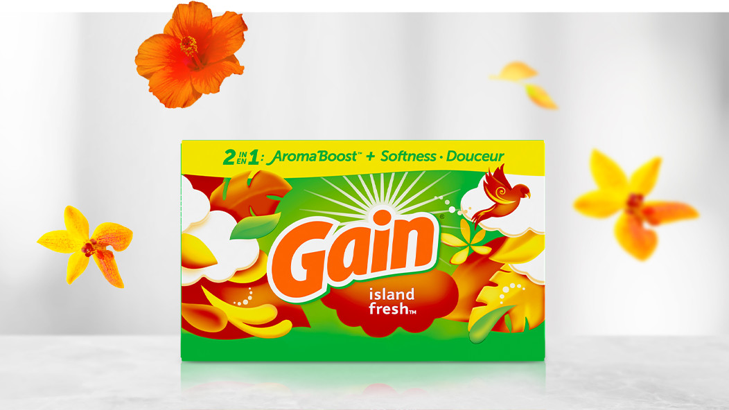 Packaging with Gain Island Fresh fabric softener sheets