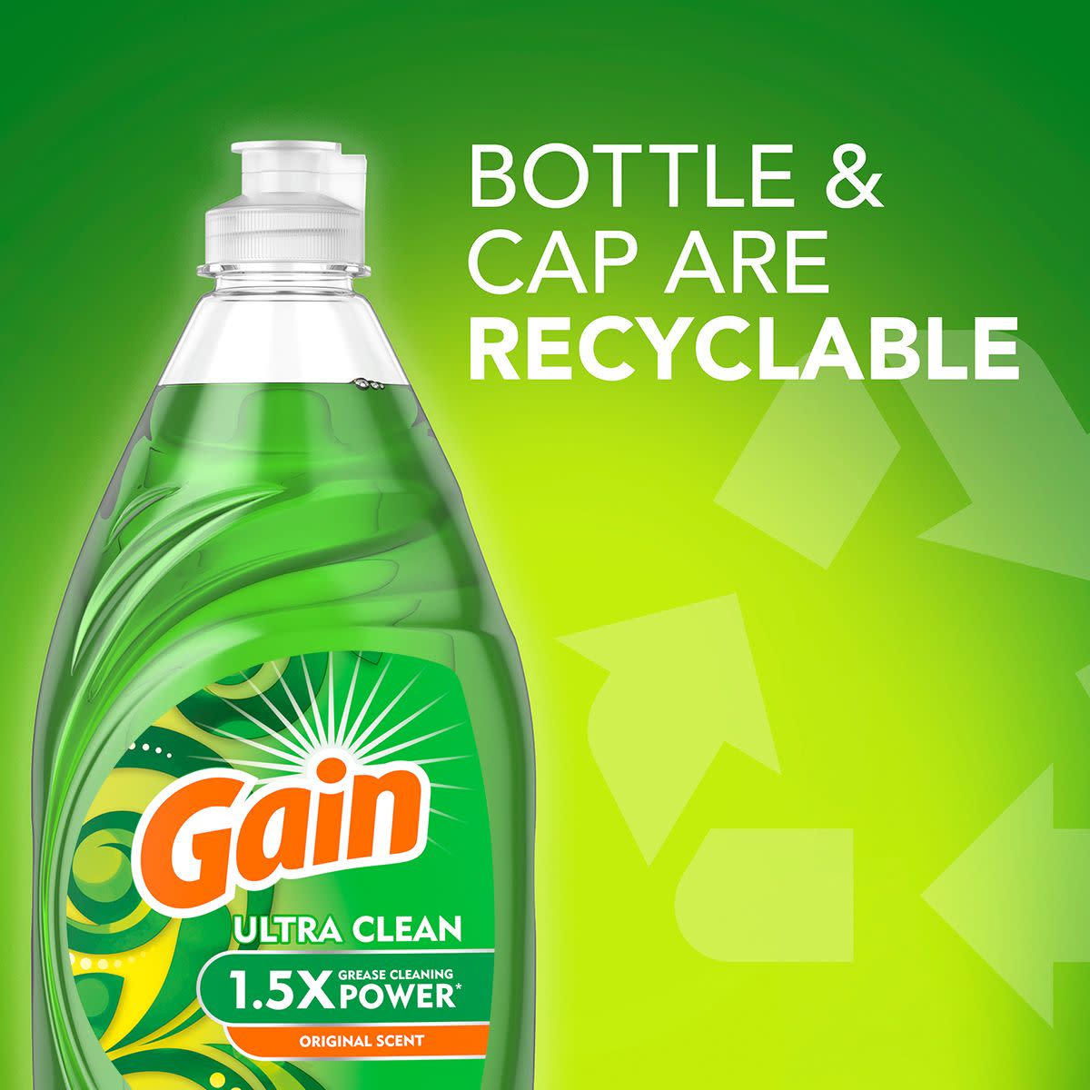 Gain Ultra Dishwashing Liquid Dish Soap Bottle and Cap are Recyclable